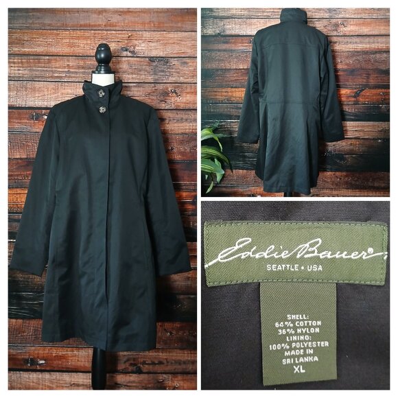 Eddie Bauer Jacket XL Black Lined Rain Trench Coat - Picture 1 of 12